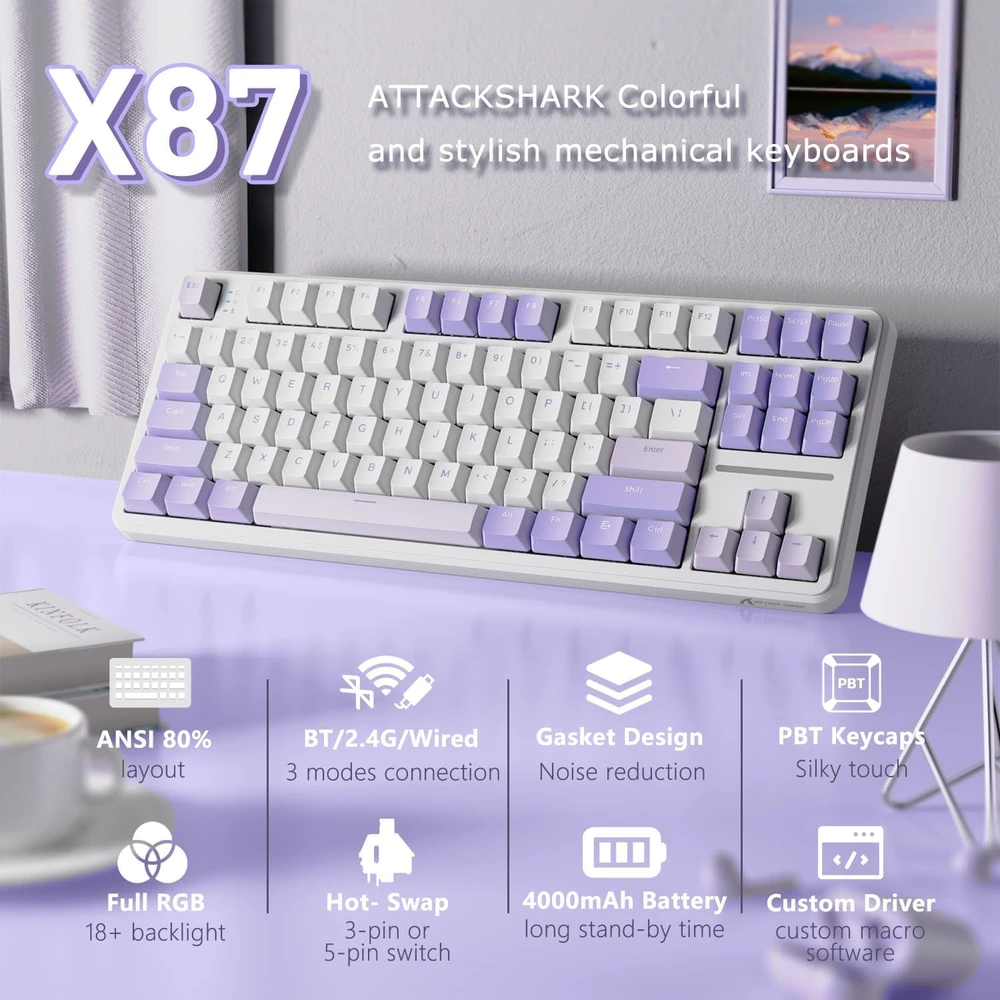 ATTACK SHARK mechaninė žaidimų klaviatūra X87, 87 klavišų, Bluetooth, 2.4G, USB-C, RGB