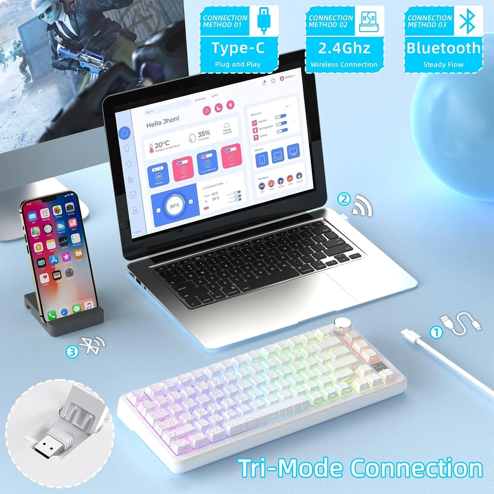 ATTACK SHARK mechaninė žaidimų klaviatūra X85PRO, 75 %, Bluetooth, RGB, balta