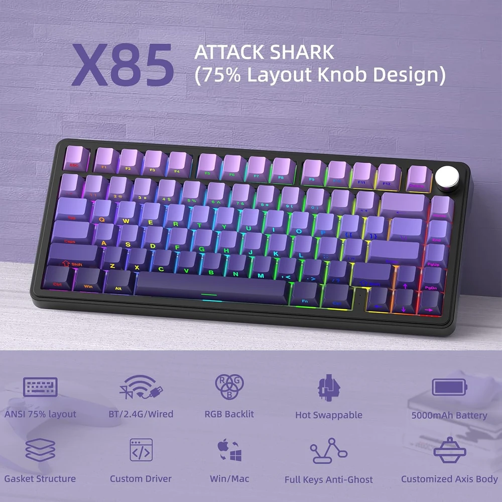 ATTACK SHARK mechaninė žaidimų klaviatūra 75 %, 81 klavišo, RGB, X85