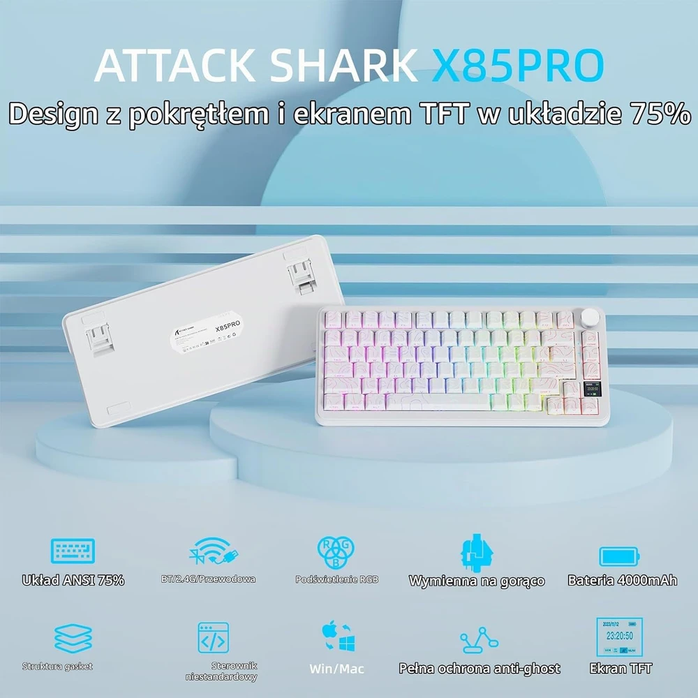 ATTACK SHARK mechaninė žaidimų klaviatūra X85PRO, 75 %, Bluetooth, RGB, balta