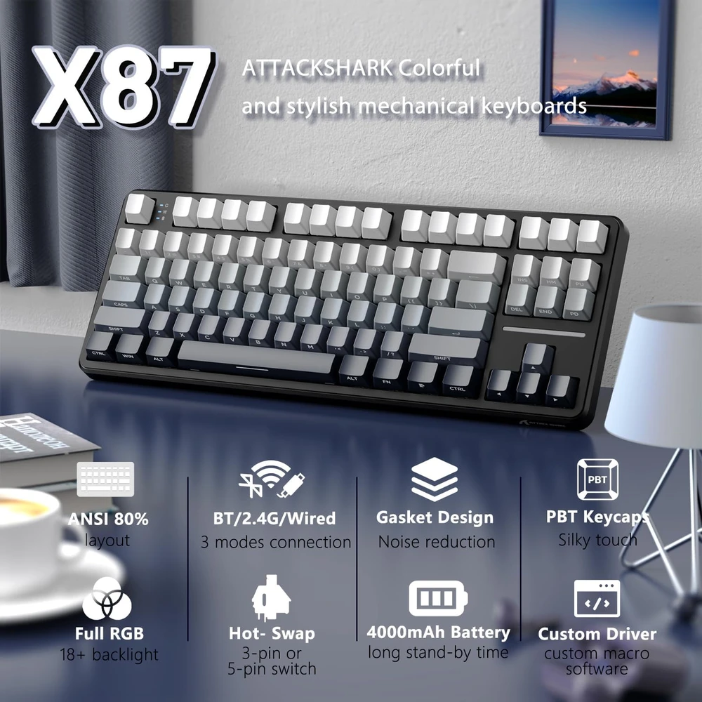 ATTACK SHARK mechaninė žaidimų klaviatūra X87, 83 klavišų, RGB, Bluetooth