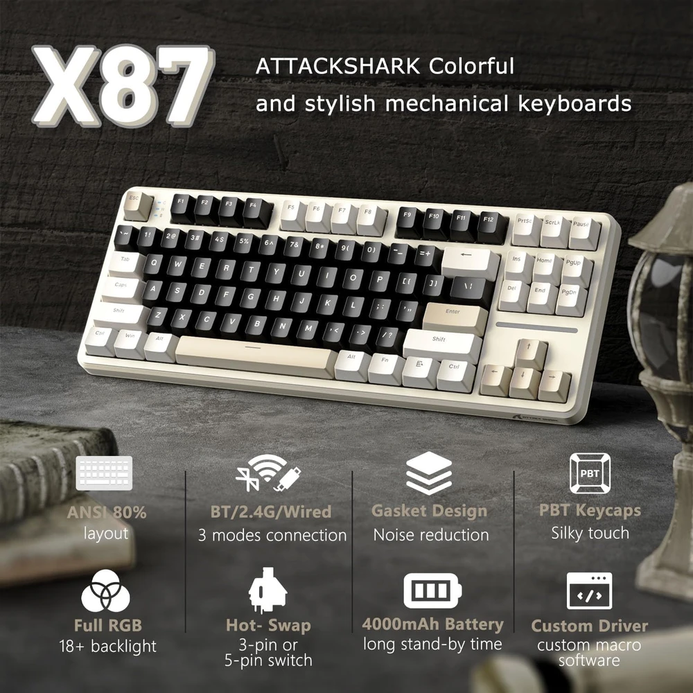 ATTACK SHARK mechaninė žaidimų klaviatūra X87, 87 klavišų, Bluetooth, 2,4 GHz, RGB