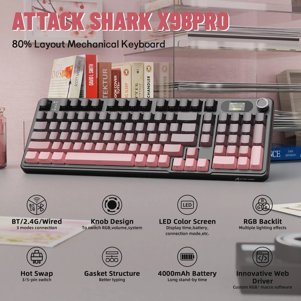 ATTACK SHARK mechaninė žaidimų klaviatūra Bluetooth, 2.4G, USB-C, X98PRO