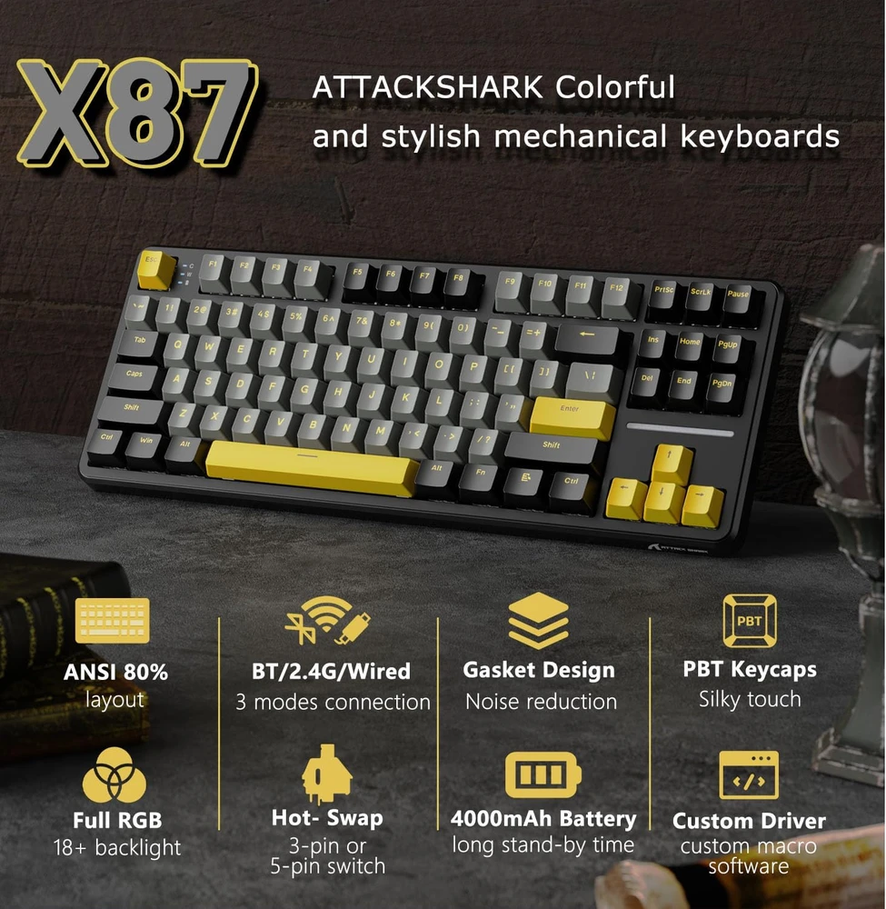 ATTACK SHARK mechaninė žaidimų klaviatūra X87, 87 klavišų, Bluetooth, RGB