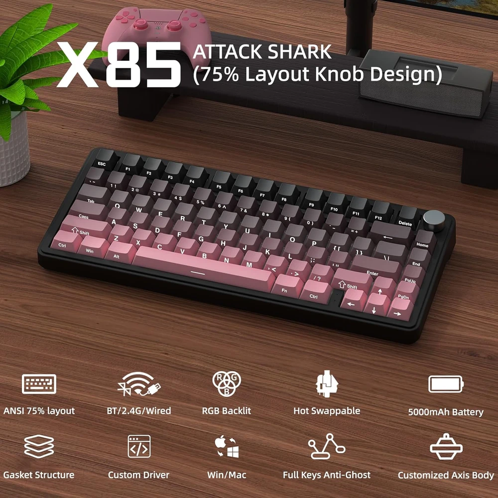 ATTACK SHARK mechaninė žaidimų klaviatūra X85, 75 %, Bluetooth 5.0, USB-C, RGB