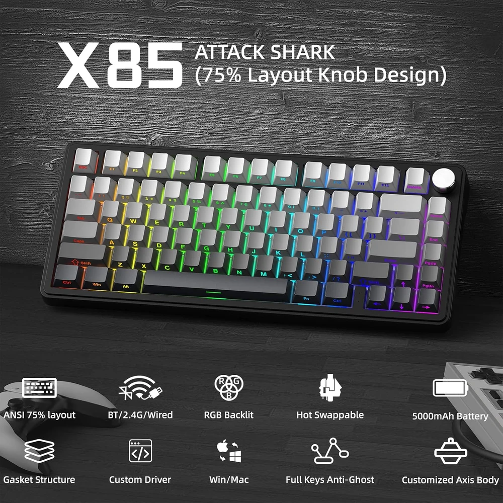 ATTACK SHARK mechaninė žaidimų klaviatūra X85, belaidė, 75 %, RGB, 5000 mAh