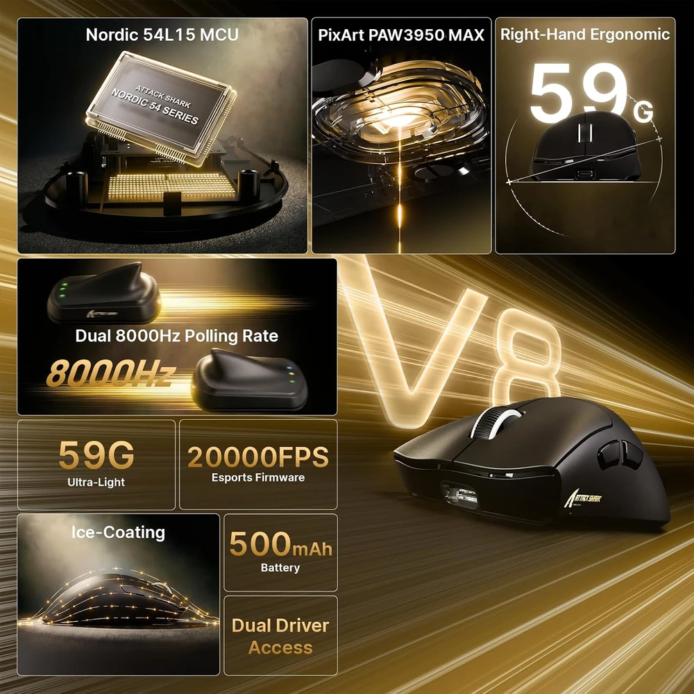 ATTACK SHARK V8 belaidė žaidimų pelė, 8000 Hz, PAW3950MAX, 42000 DPI, Bluetooth