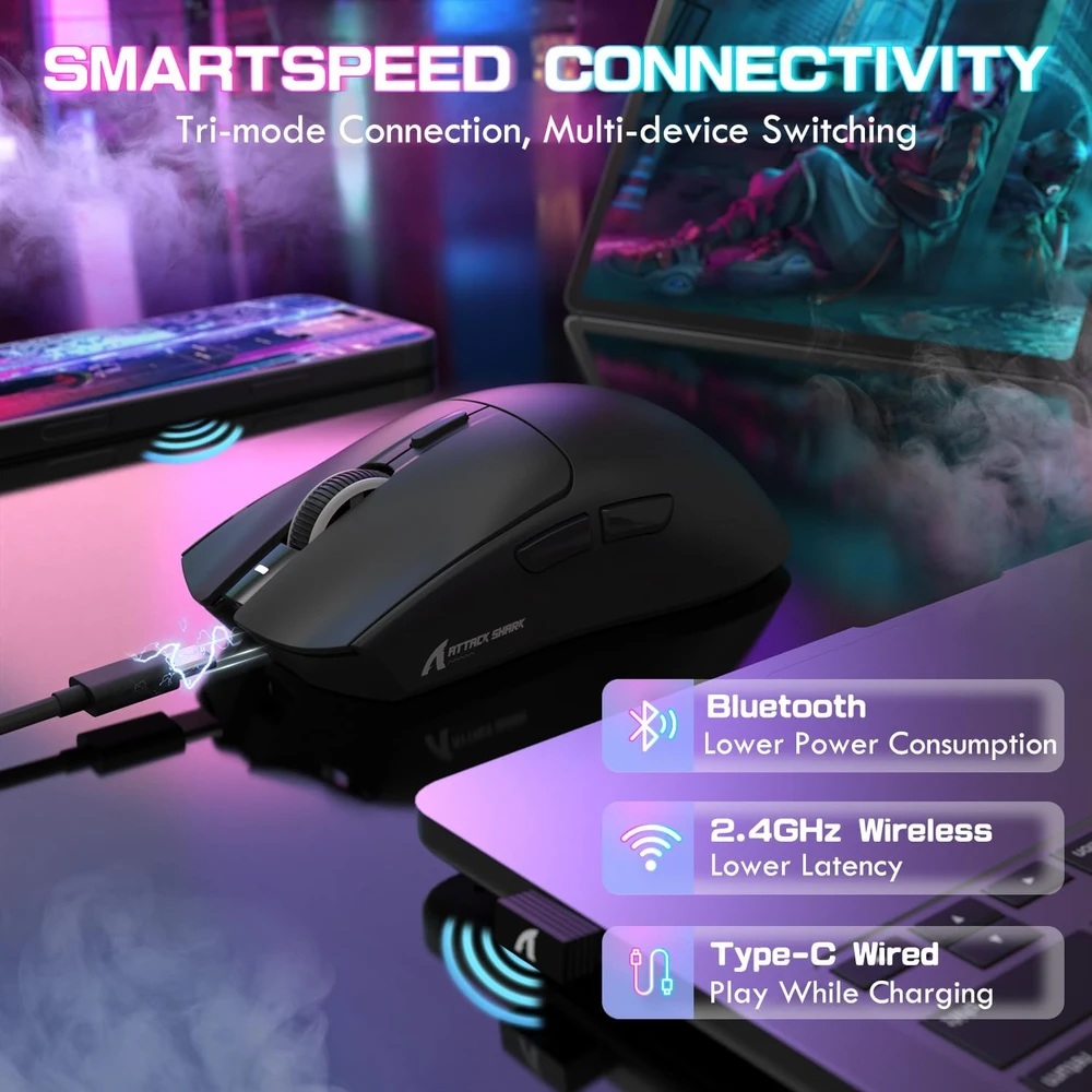 Attack Shark X1 belaide žaidimų pelė, optinis PixArt PAW3395PRO jutiklis, 40000 DPI, 2.4 GHz/Bluetooth/USB-C, juoda