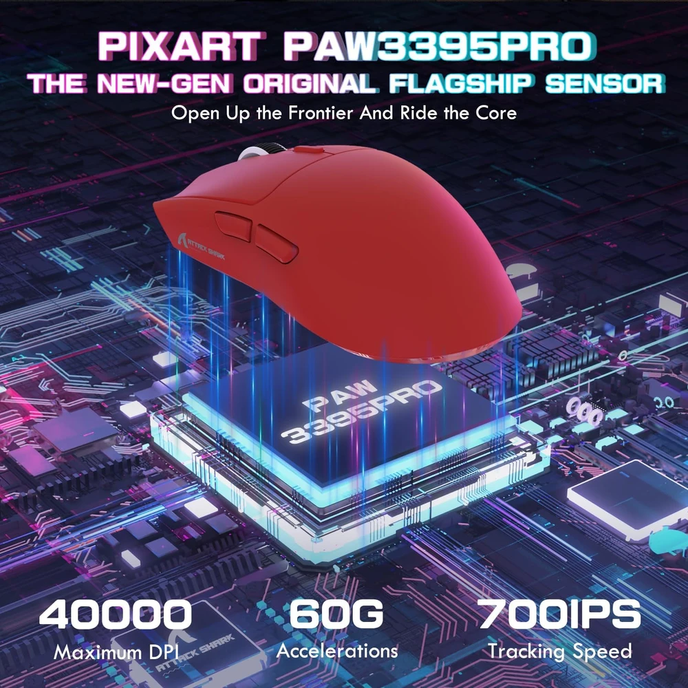 Attack Shark X1 belaidė žaidimų pelė su magnetine krovimo stotele, PixArt PAW3395PRO, 40000 DPI, 53g, raudona
