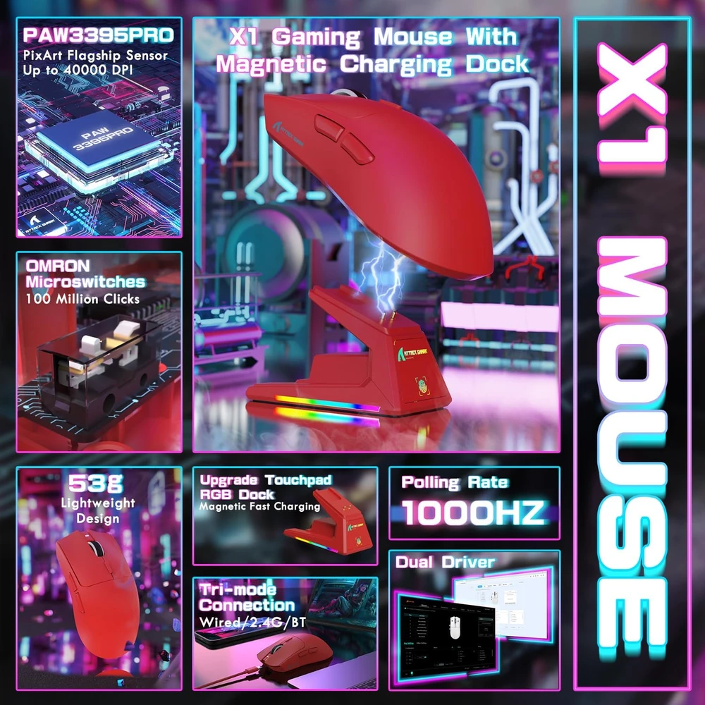 Attack Shark X1 belaidė žaidimų pelė su magnetine krovimo stotele, PixArt PAW3395PRO, 40000 DPI, 53g, raudona