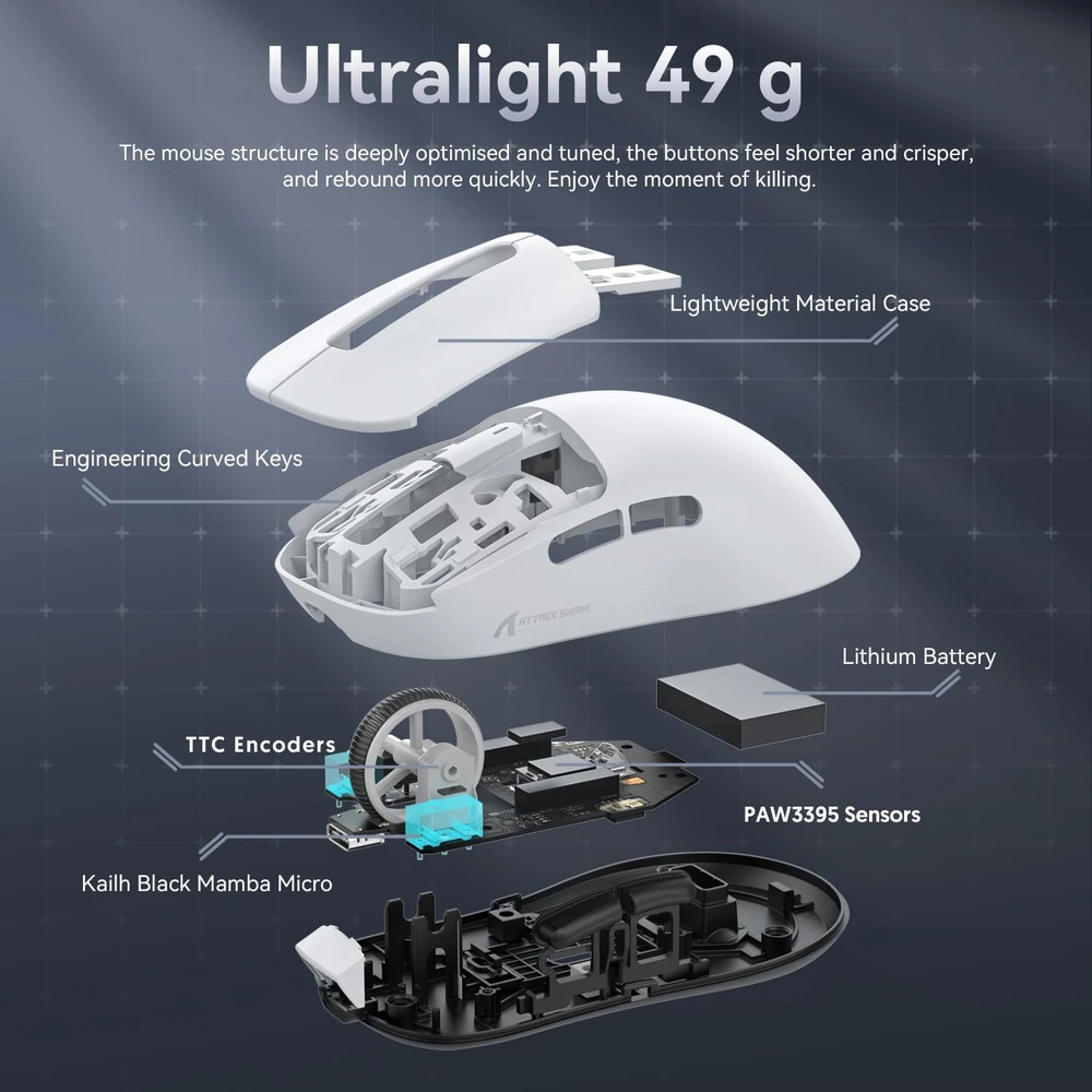 Attack Shark X3 belaidė žaidimų pelė, 49 g, 26000 DPI, Bluetooth, balta
