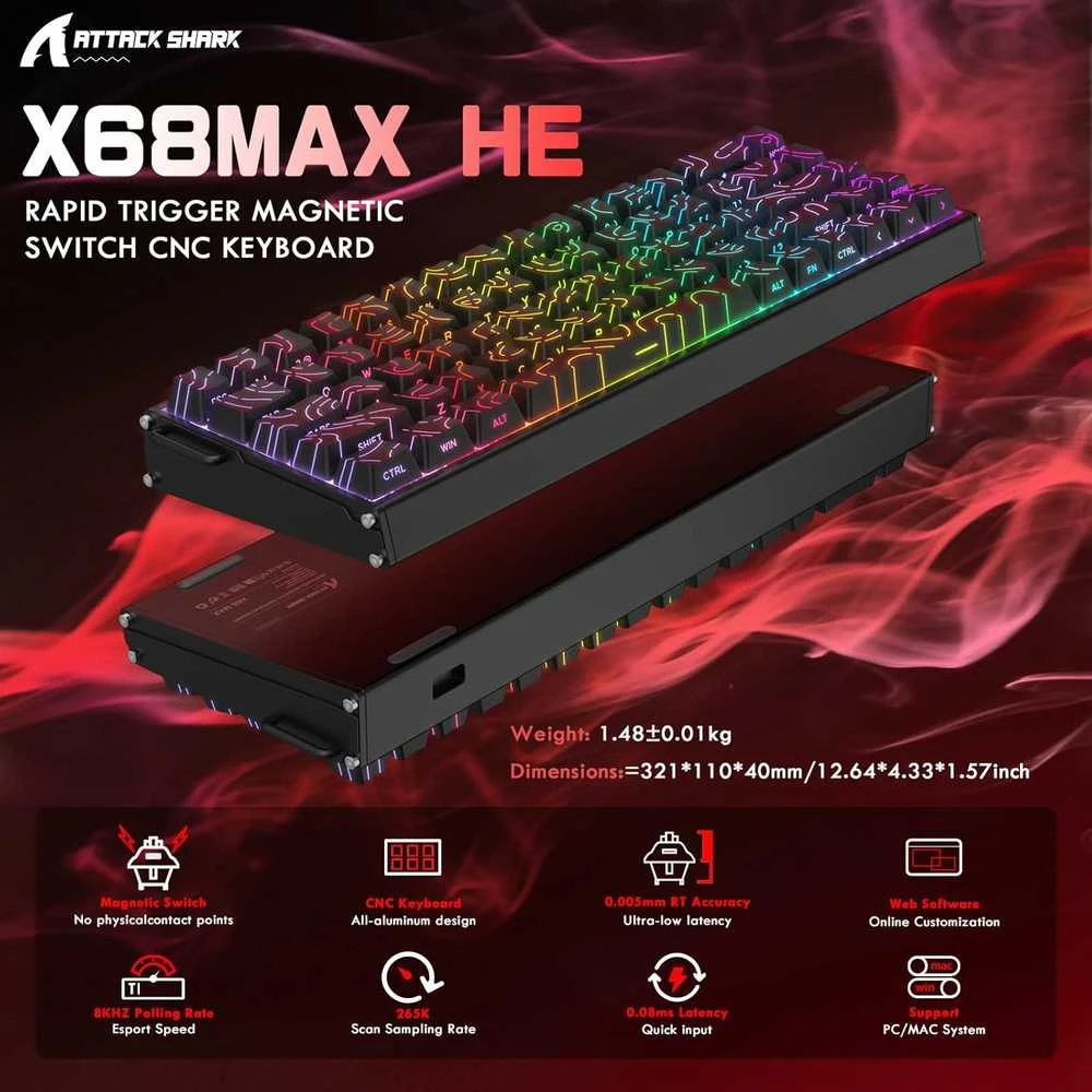 ATTACK SHARK X68MAX HE mechaninė RGB žaidimų klaviatūra, aliuminio korpusas, USB-C