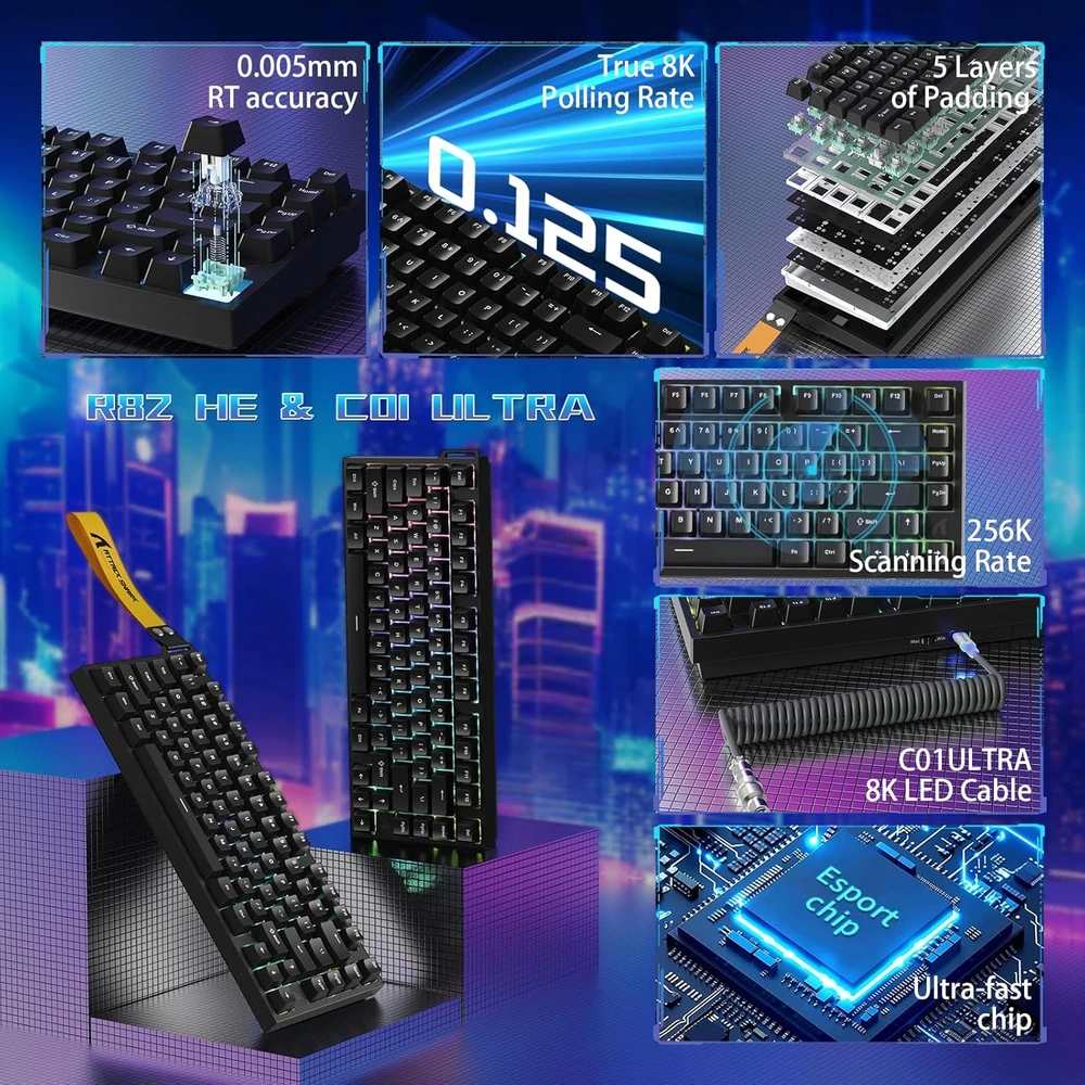 ATTACK SHARK žaidimų klaviatūra R82 HE su magnetiniais jungikliais, 8000 Hz ir RGB