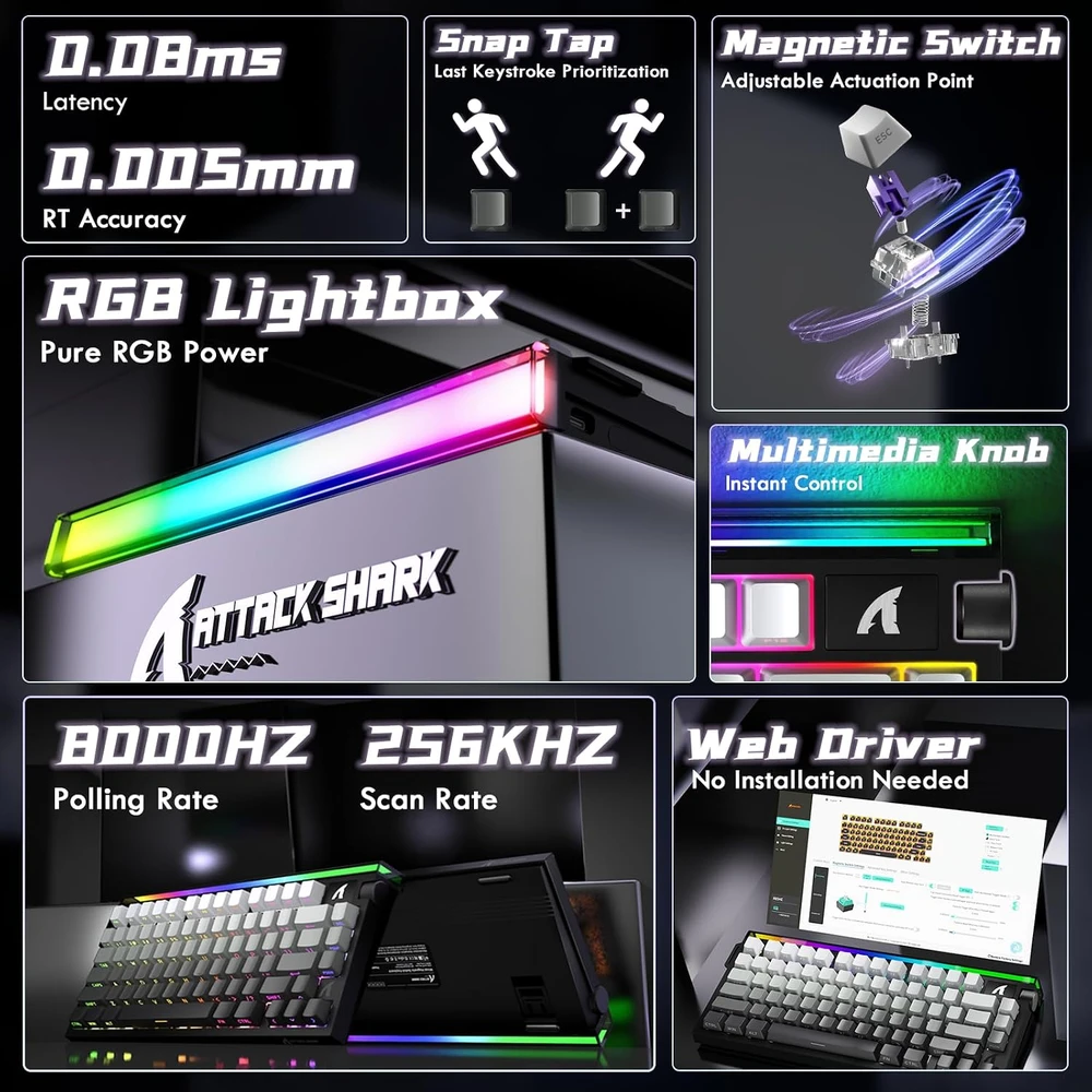 ATTACK SHARK žaidimų klaviatūra R85 HE, laidinė, 8000 Hz, Hall efekto jungikliai
