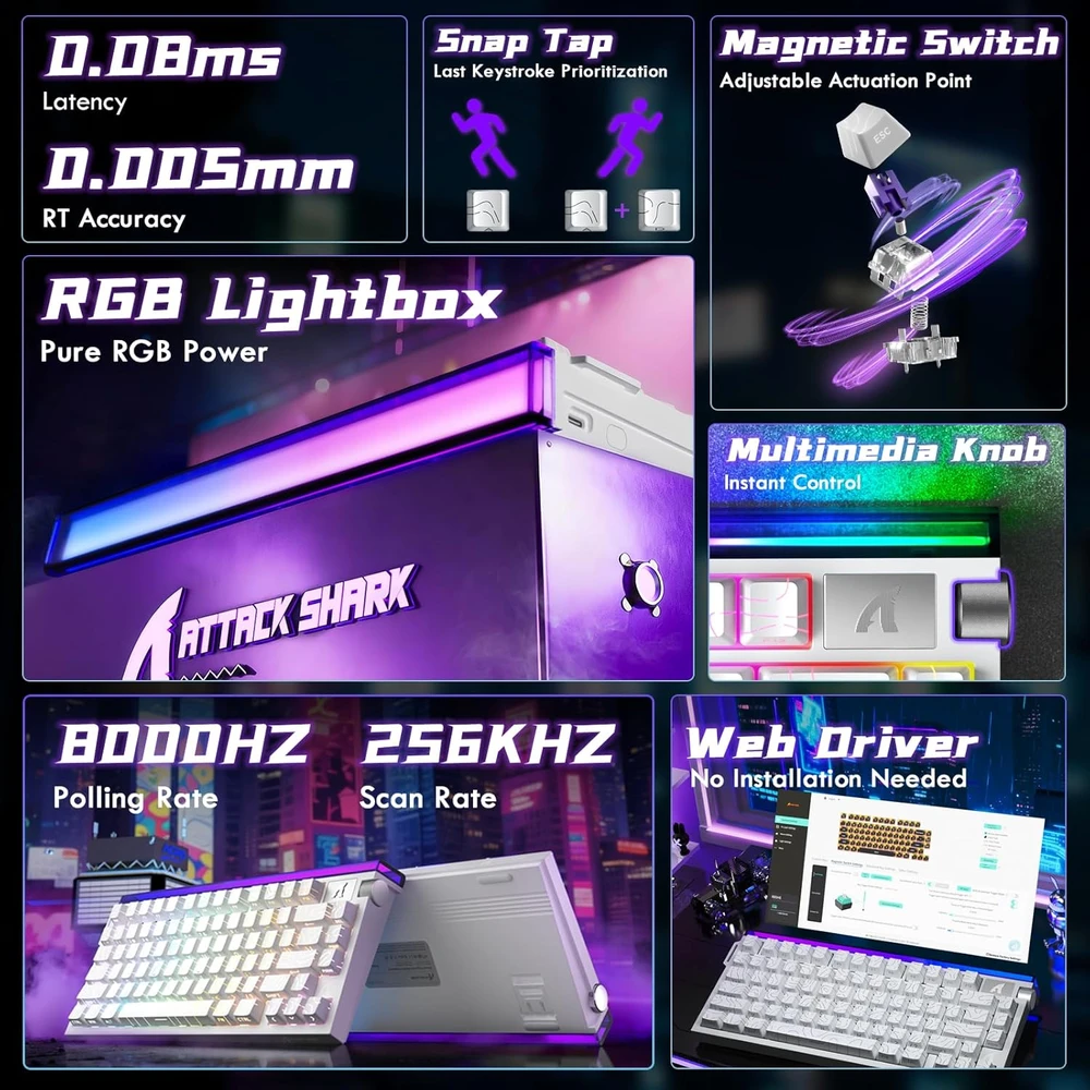 ATTACK SHARK žaidimų klaviatūra R85 HE, laidinė, 75 %, Hall efekto jungikliai, 8000 Hz