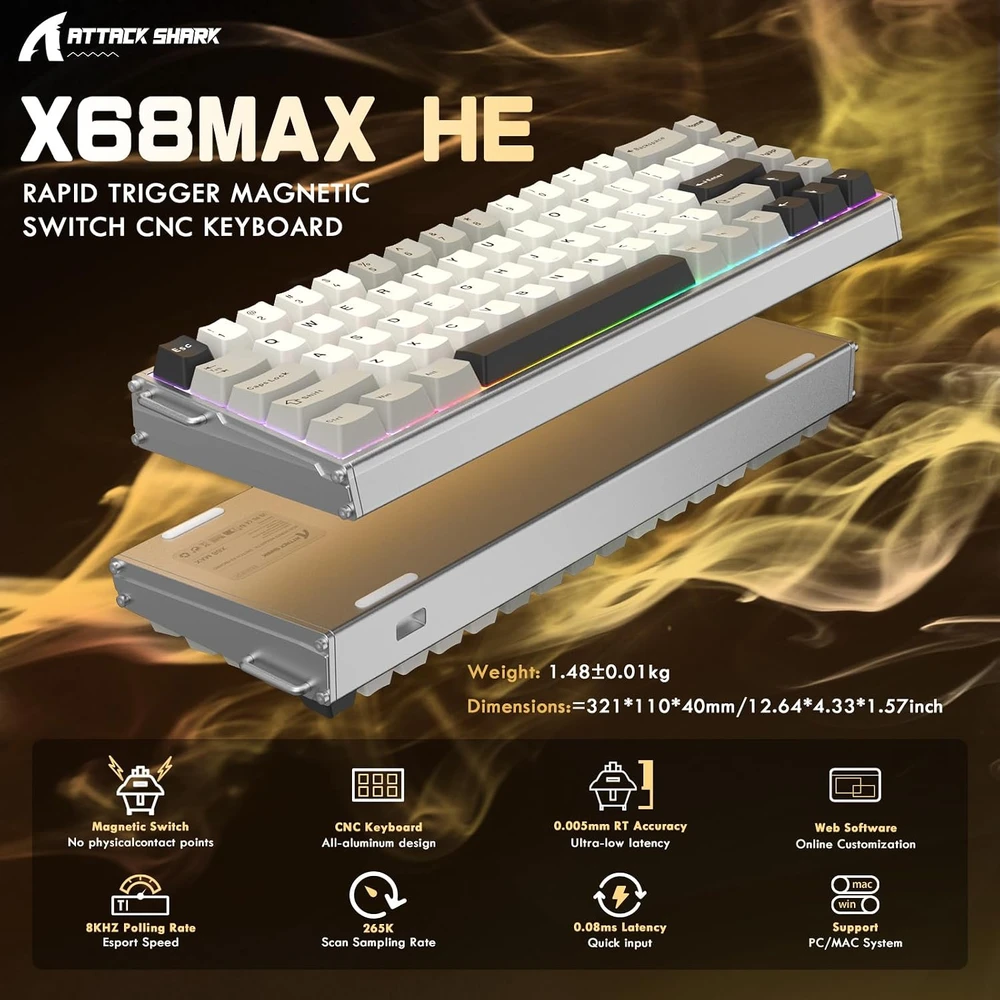 ATTACK SHARK žaidimų klaviatūra su magnetiniais jungikliais, 68 klavišų, 8000 Hz, X68MAX HE