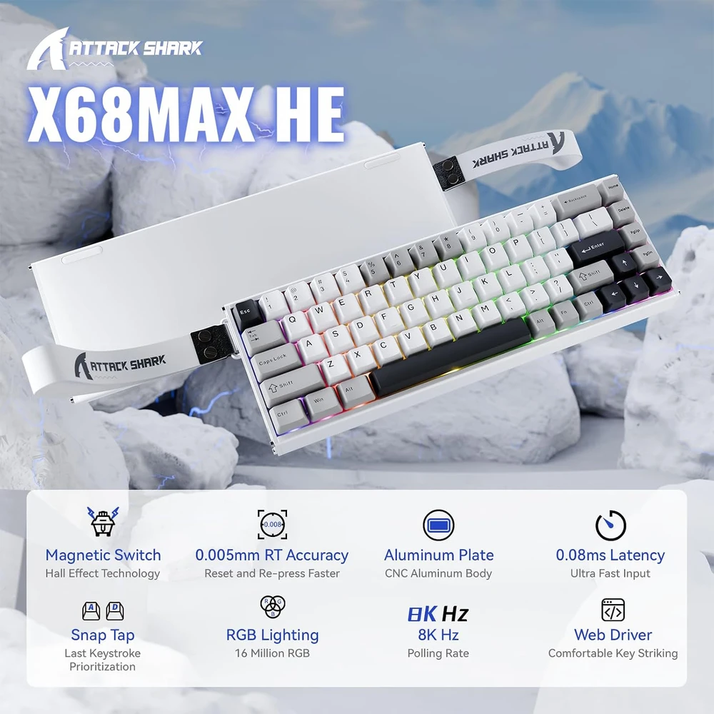 ATTACK SHARK žaidimų klaviatūra su magnetiniais jungikliais, 68 klavišų, X68 MAX HE