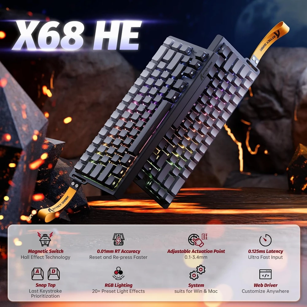 ATTACK SHARK žaidimų klaviatūra su magnetiniais jungikliais, 8000 Hz, RGB, X68 HE