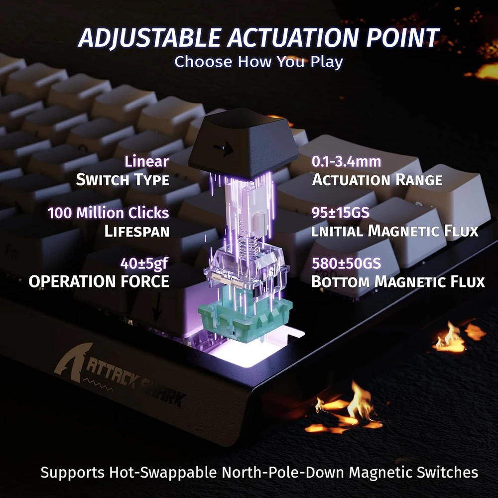 ATTACK SHARK žaidimų klaviatūra su magnetiniais jungikliais, 8000 Hz, RGB, X68 HE