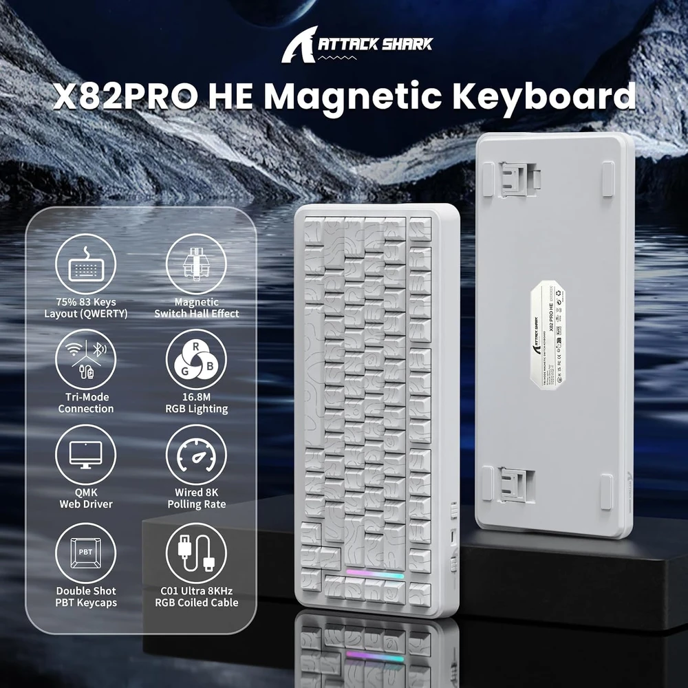 ATTACK SHARK žaidimų klaviatūra su magnetiniais jungikliais, 75 %, Bluetooth, X82-302