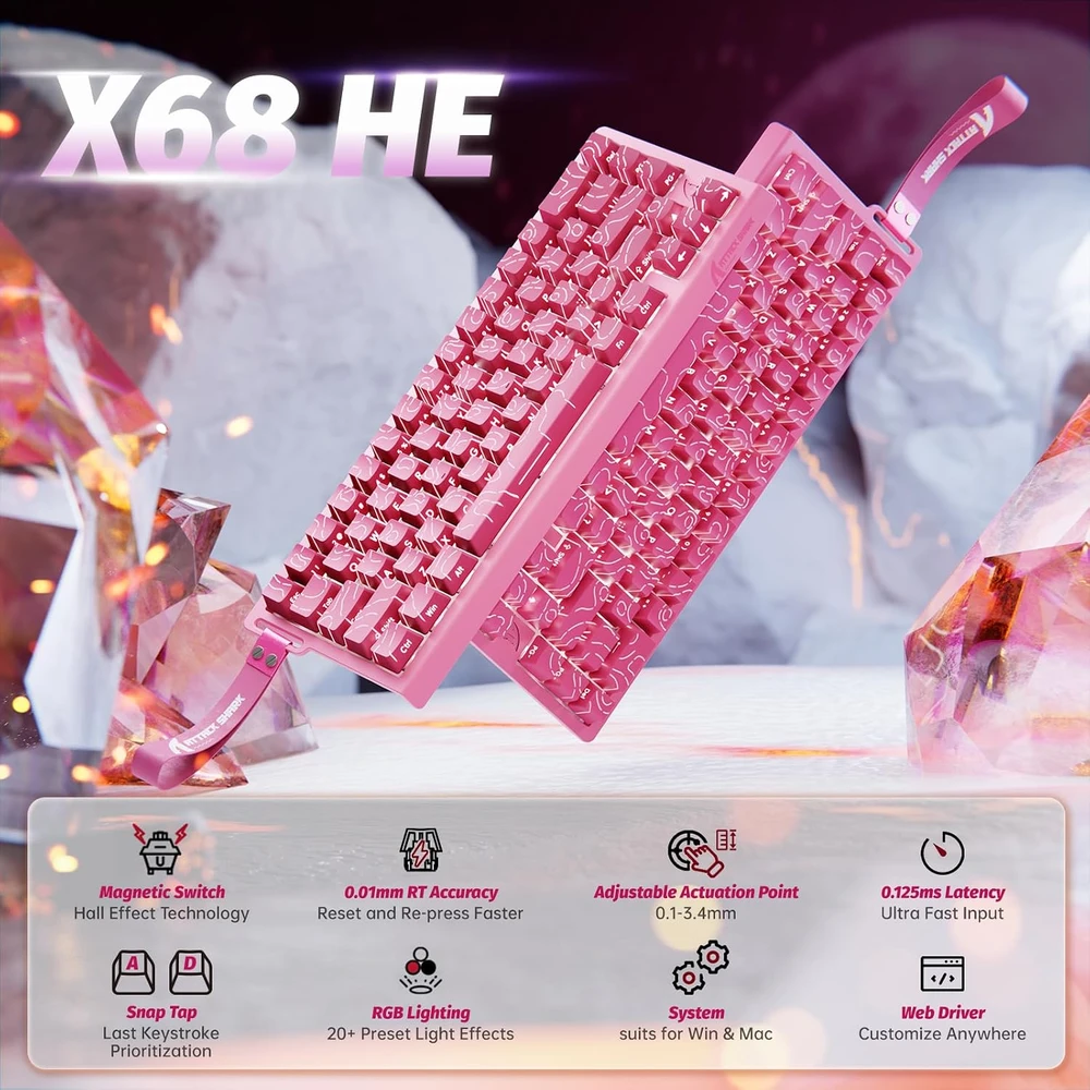 ATTACK SHARK žaidimų klaviatūra X68 HE su magnetiniais jungikliais, 8000 Hz, RGB