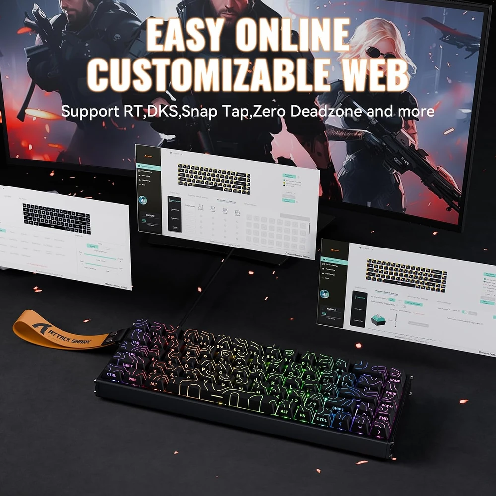 ATTACK SHARK žaidimų klaviatūra X68 MAX HE, laidinė, 68 klavišų, magnetiniai jungikliai