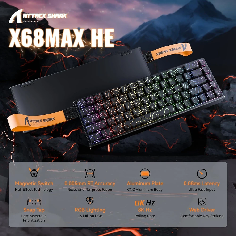 ATTACK SHARK žaidimų klaviatūra X68 MAX HE, laidinė, 68 klavišų, magnetiniai jungikliai