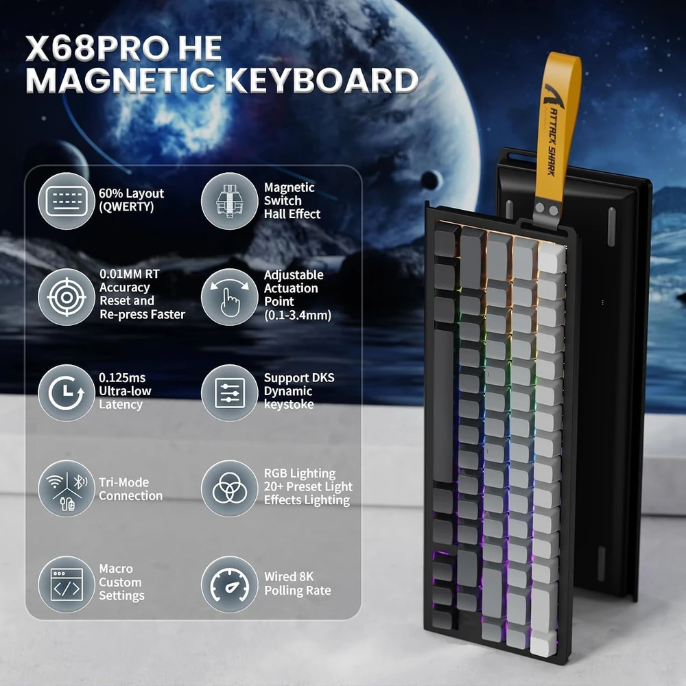 ATTACK SHARK žaidimų klaviatūra X68 PRO HE su magnetiniais jungikliais, 8000 Hz, RGB