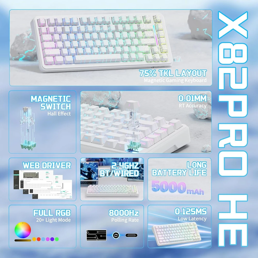 ATTACK SHARK žaidimų klaviatūra X82PRO HE, 75 %, su Hall efekto magnetiniais jungikliais