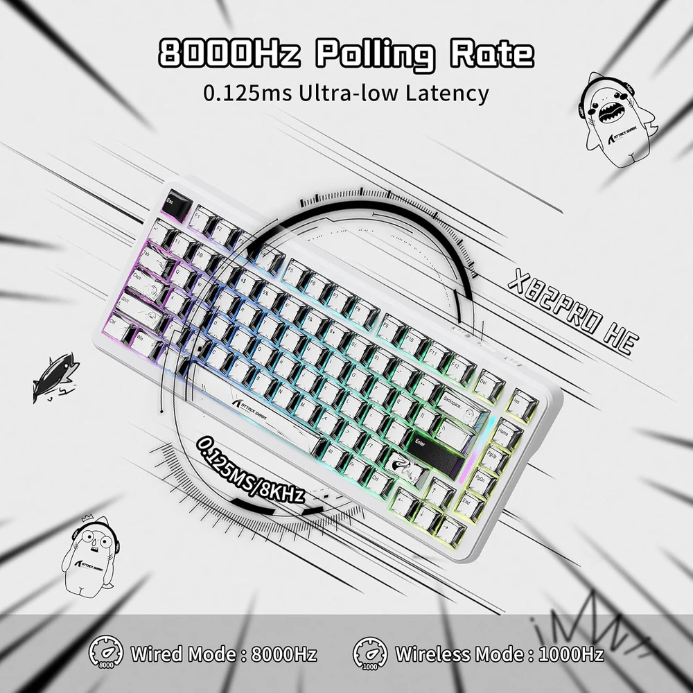 ATTACK SHARK žaidimų klaviatūra X82PRO HE, 75 %, magnetiniai jungikliai, 8000 Hz, RGB