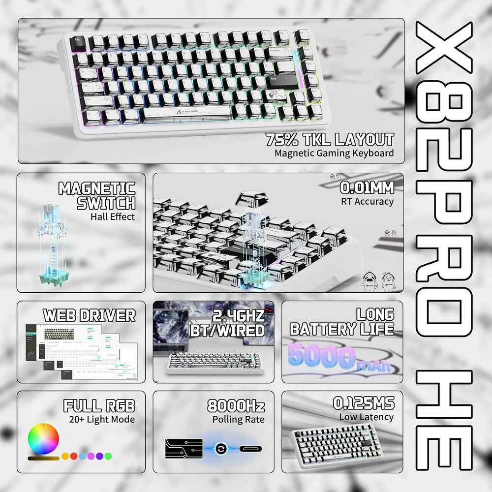 ATTACK SHARK žaidimų klaviatūra X82PRO HE, 75 %, magnetiniai jungikliai, 8000 Hz, RGB