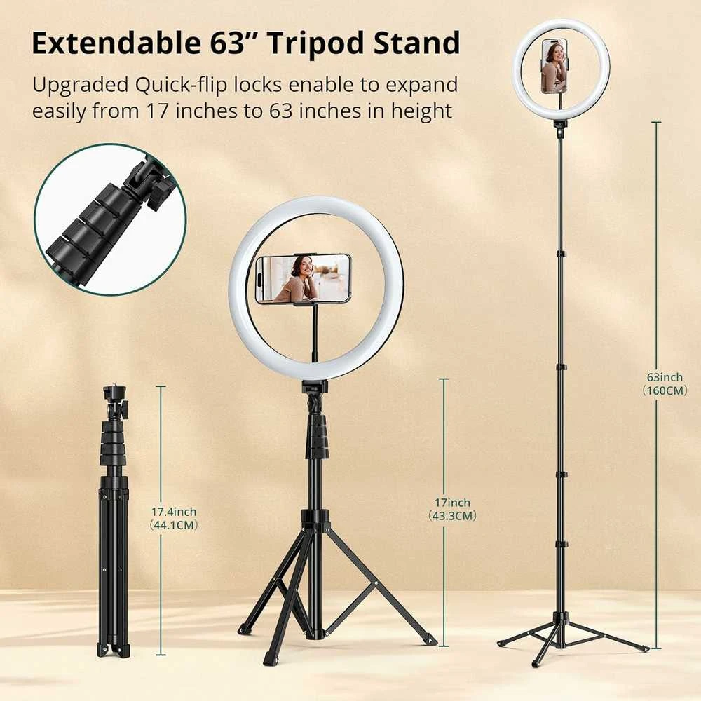 ATUMTEK 12" LED žiedinė selfie lempa su 160 cm trikoju, 3 spalvų režimai ir nuotolinio valdymo pultas