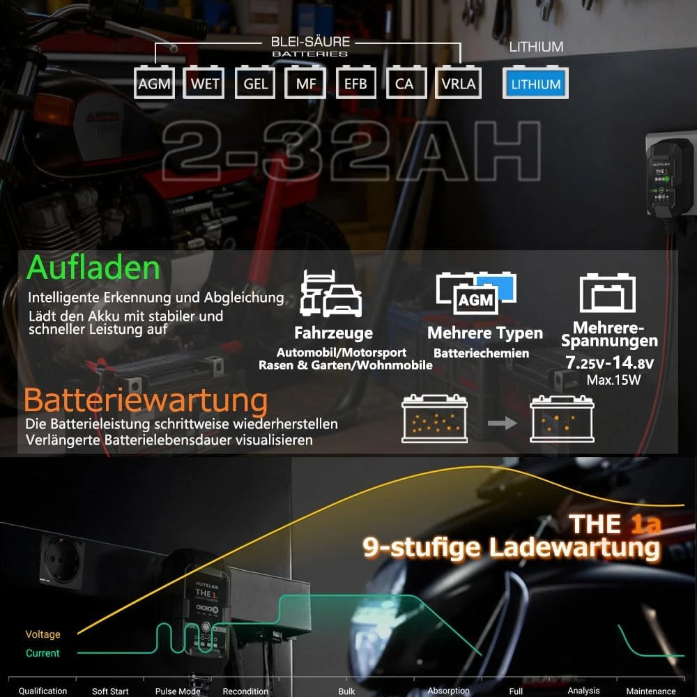AUTKLER išmanus akumuliatorių įkroviklis 6 V/12 V 1 A THE1A