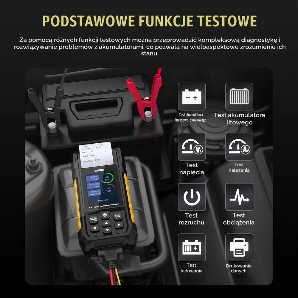 AUTOOL automobilių akumuliatorių testeris 12 V/24 V, 30–2000 CCA su spausdintuvu BT960