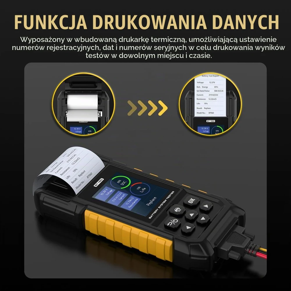 AUTOOL automobilių akumuliatorių testeris 12 V/24 V, 30–2000 CCA su spausdintuvu BT960
