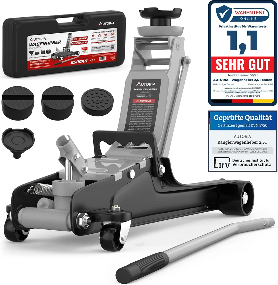 AUTORIA automobilinis hidraulinis domkratas 2,5 t, minimalus aukštis 85 mm, su gumomis ir lagaminu, ATCJ2500LIGHTGREY