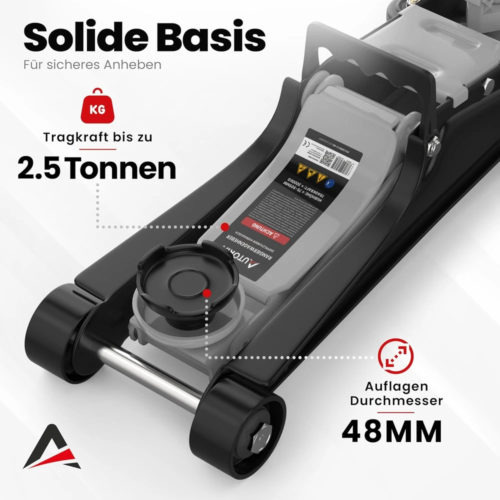AUTORIA automobilinis hidraulinis domkratas 2,5 t, minimalus aukštis 85 mm, su gumomis ir lagaminu, ATCJ2500LIGHTGREY
