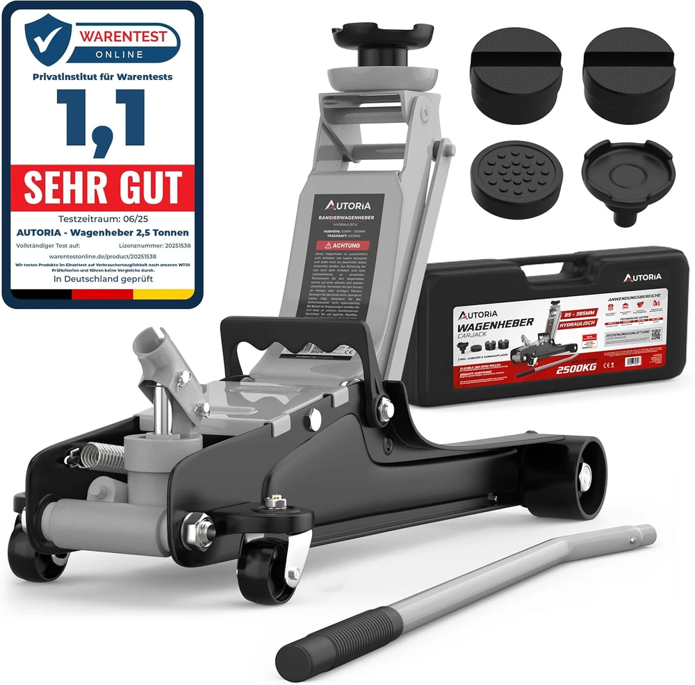 AUTORIA automobilinis hidraulinis domkratas 2,5 t, minimalus aukštis 85 mm, su gumomis ir lagaminu, ATCJ2500LIGHTGREY