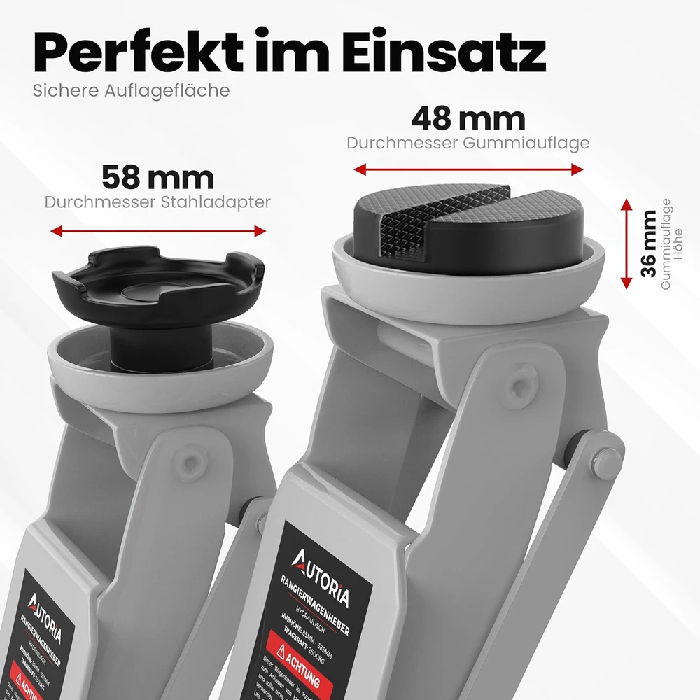 AUTORIA automobilinis hidraulinis domkratas 2,5 t, minimalus aukštis 85 mm, su gumomis ir lagaminu, ATCJ2500LIGHTGREY
