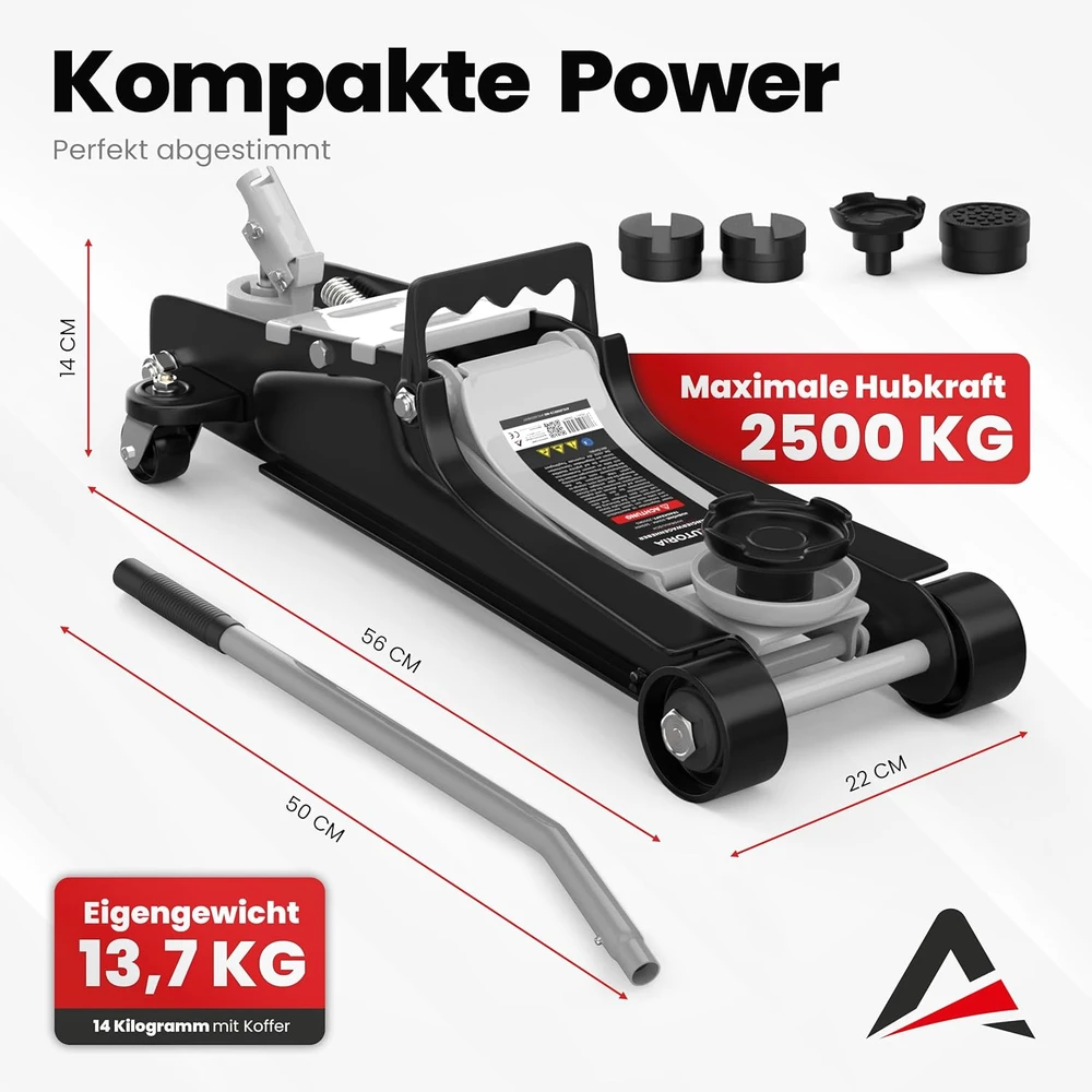 AUTORIA automobilinis hidraulinis domkratas 2,5 t, minimalus aukštis 85 mm, su gumomis ir lagaminu, ATCJ2500LIGHTGREY