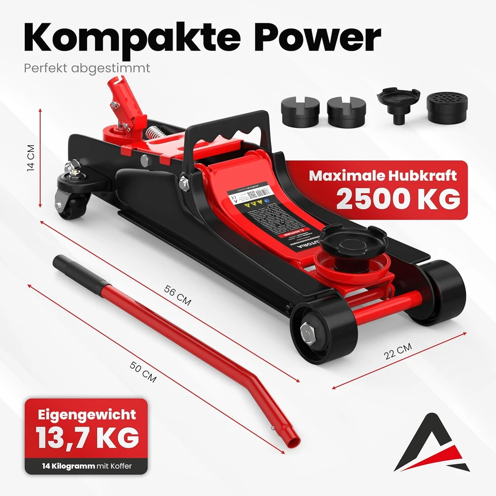 AUTORIA hidraulinis autokeltuvas 2,5 t, ekstra plonas, su transportavimo dėže ir 3 gumomis, raudonas, ATCJ2500RED