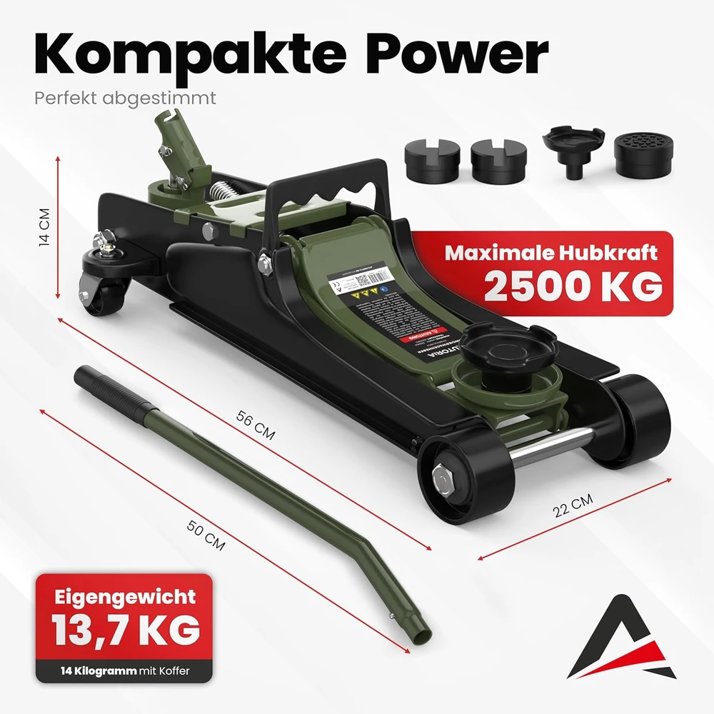 AUTORIA hidraulinis automobilinis domkratas, 2,5 t, itin žemas, 85–385 mm, ATCJ2500GREEN