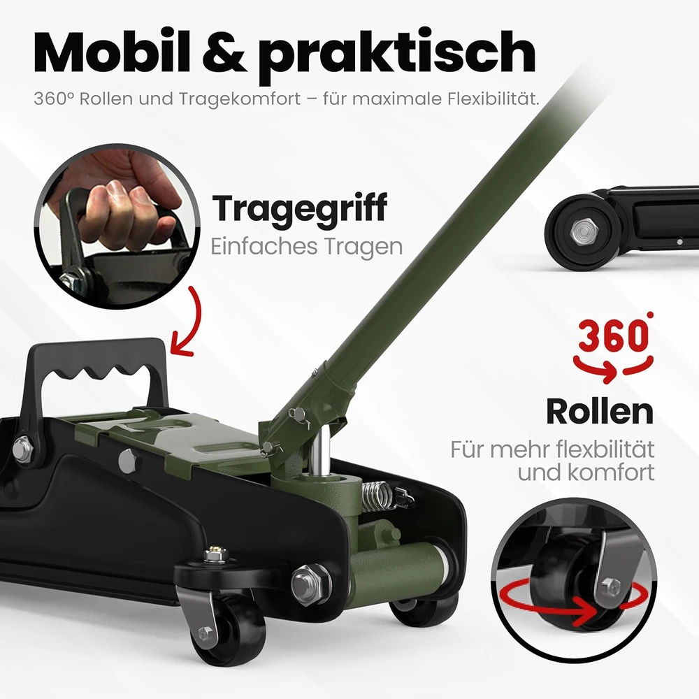 AUTORIA hidraulinis automobilinis domkratas, 2,5 t, itin žemas, 85–385 mm, ATCJ2500GREEN
