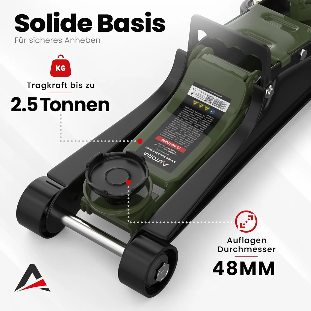 AUTORIA hidraulinis automobilinis domkratas, 2,5 t, itin žemas, 85–385 mm, ATCJ2500GREEN