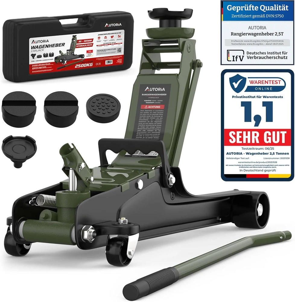 AUTORIA hidraulinis automobilinis domkratas, 2,5 t, itin žemas, 85–385 mm, ATCJ2500GREEN