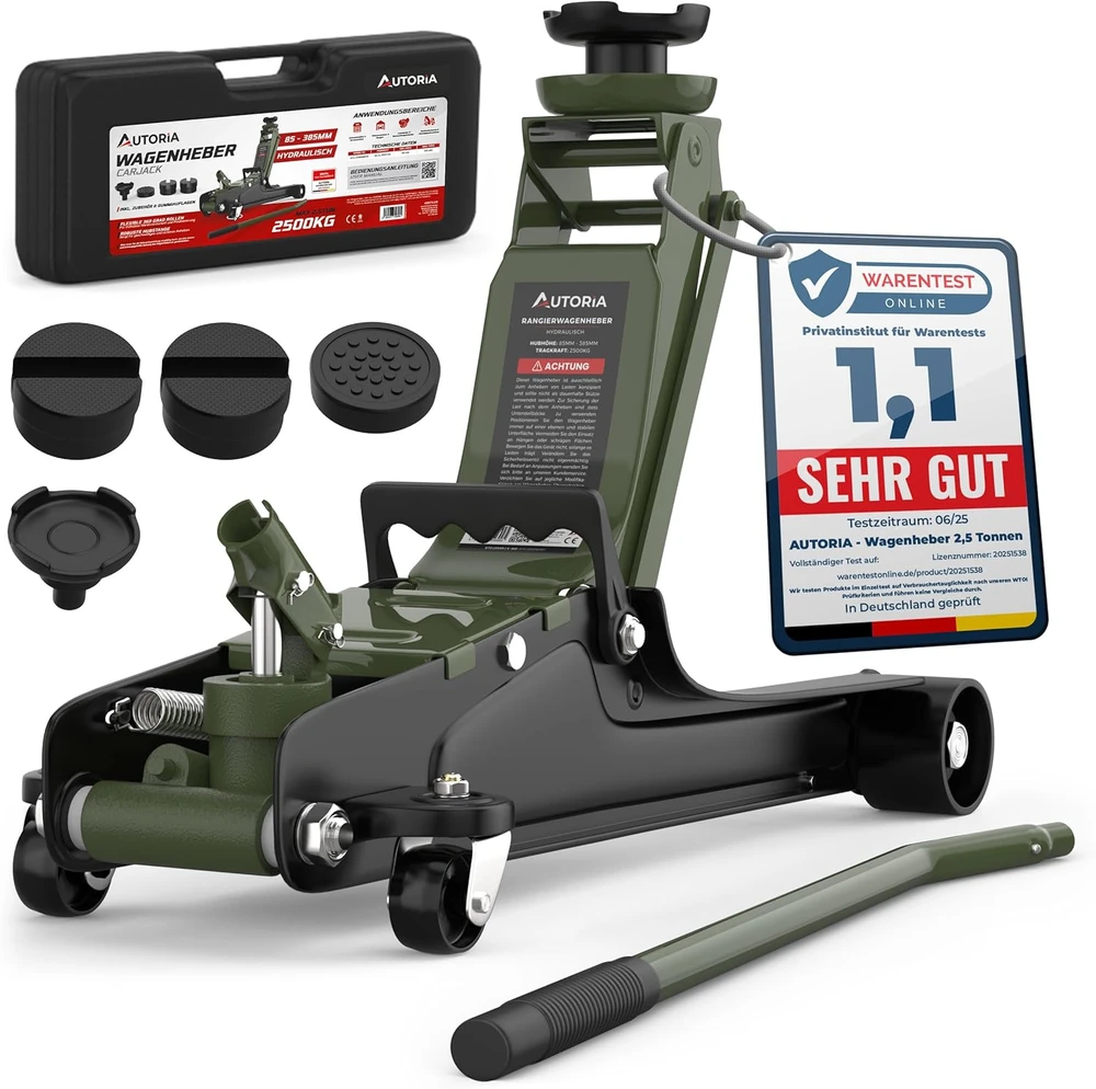 AUTORIA hidraulinis automobilinis domkratas, 2,5 t, itin žemas, 85–385 mm, ATCJ2500GREEN