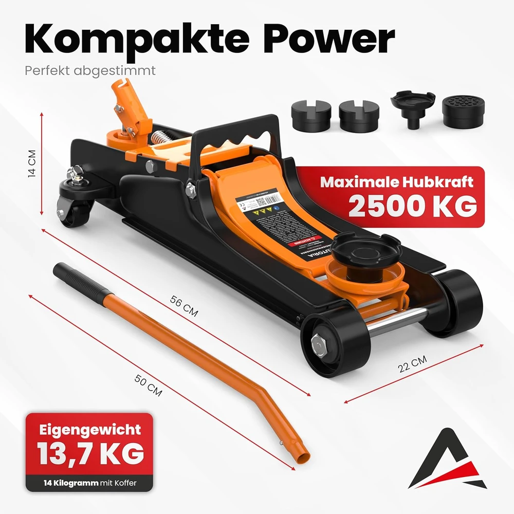 AUTORIA hidraulinis automobilinis domkratas 2,5 t, ekstra plokščias su transportavimo lagaminu, 85–385 mm