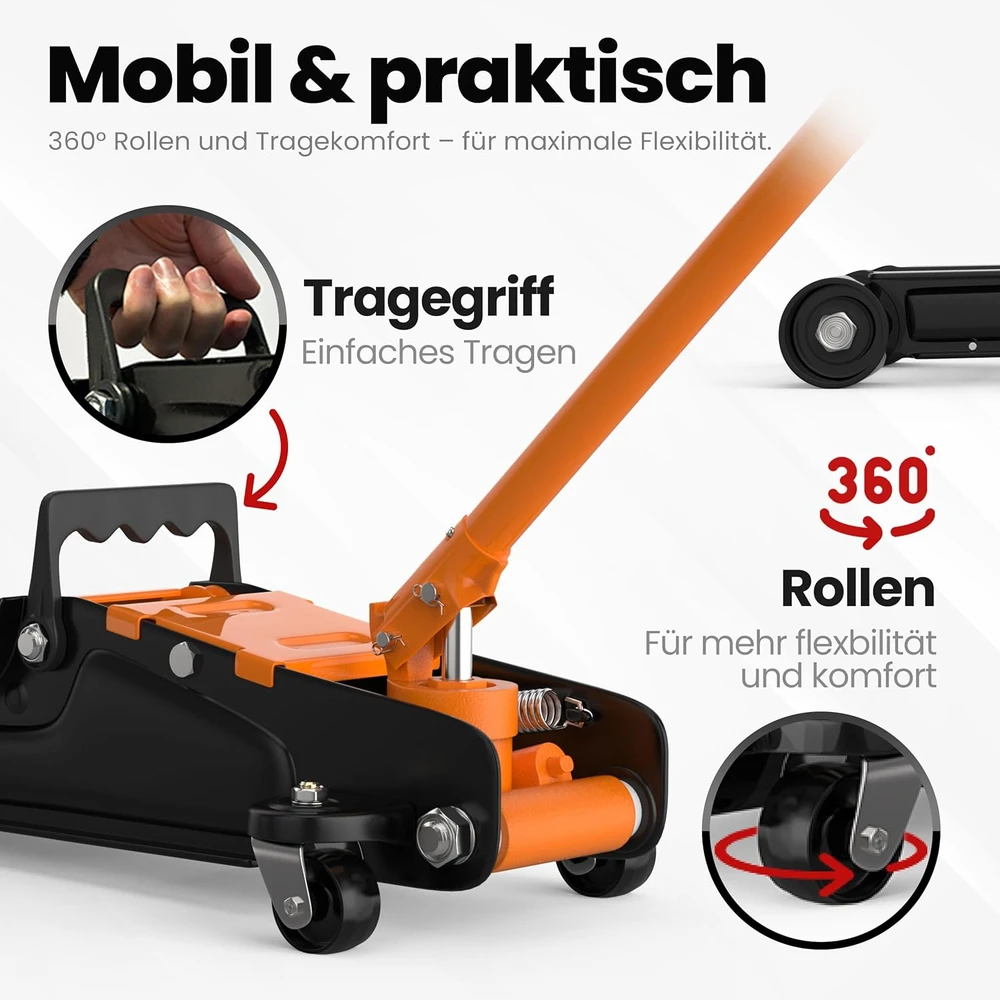 AUTORIA hidraulinis automobilinis domkratas 2,5 t, ekstra plokščias su transportavimo lagaminu, 85–385 mm
