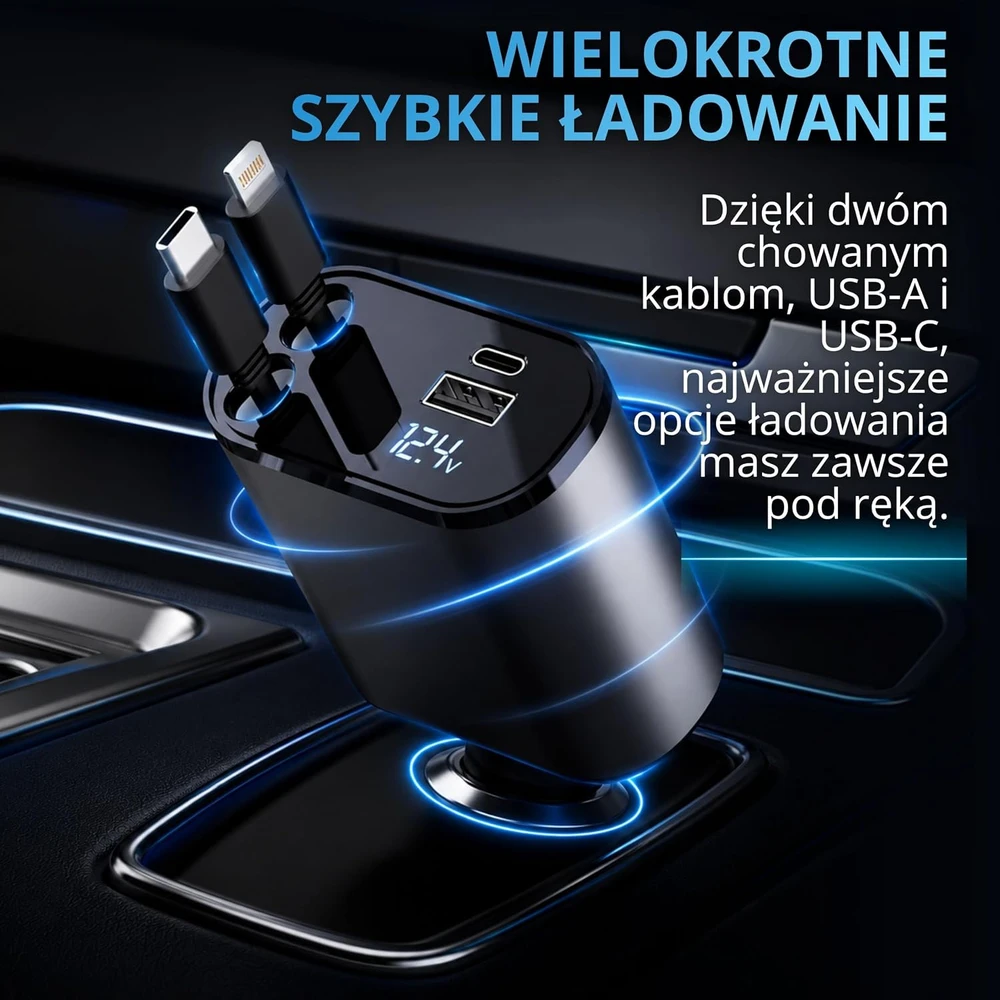 AutoSky automobilinis įkroviklis 4 viename su USB-C ir Lightning, 100 W, ARCC-101