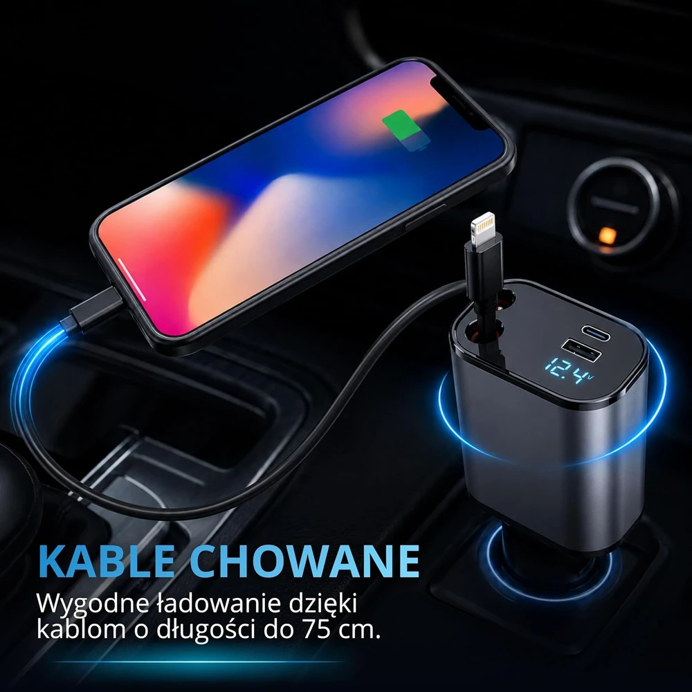 AutoSky automobilinis įkroviklis 4 viename su USB-C ir Lightning, 100 W, ARCC-101
